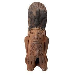 Vintage Aztec Mayan Figurine Tribal Clay Terracotta Statue Handmade Mexico 9"